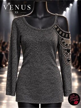 VENUS XS Charcoal Gray Beaded One Shoulder Cutout Knit Sweater Top